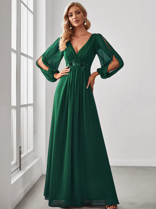 Elegant and Beautiful Chiffon V-neck Long sleeved Formal Cocktail Ball Evening Dress