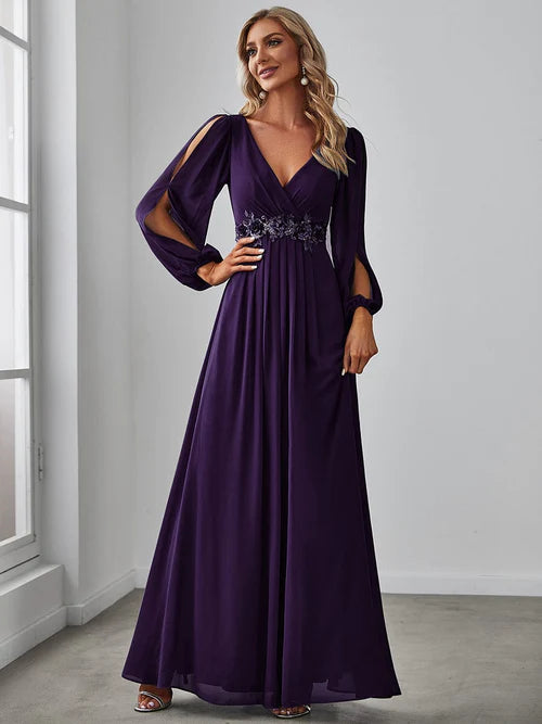 Elegant and Beautiful Chiffon V-neck Long sleeved Formal Cocktail Ball Evening Dress