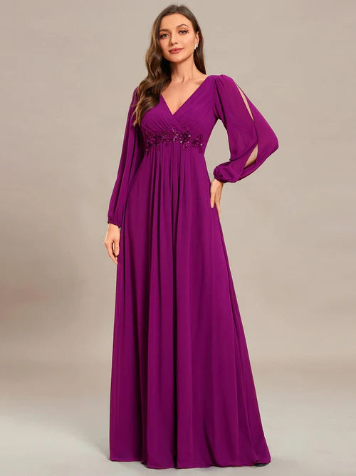 Elegant and Beautiful Chiffon V-neck Long sleeved Formal Cocktail Ball Evening Dress