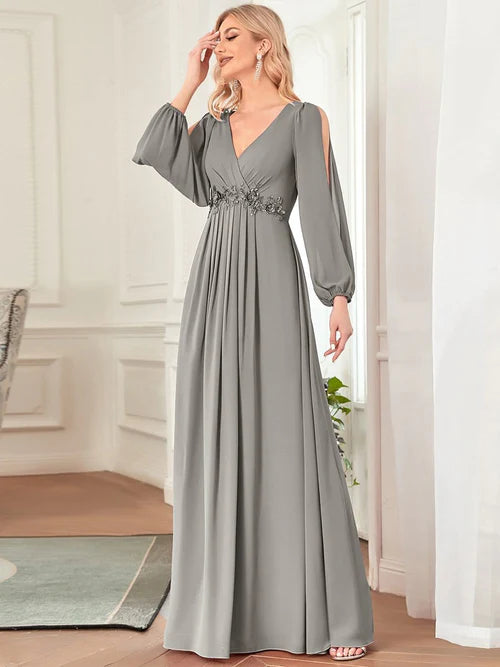 Elegant and Beautiful Chiffon V-neck Long sleeved Formal Cocktail Ball Evening Dress