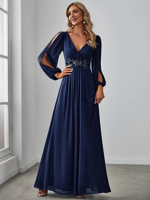 Elegant and Beautiful Chiffon V-neck Long sleeved Formal Cocktail Ball Evening Dress