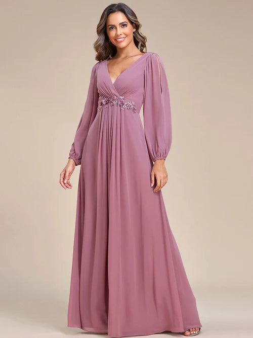 Elegant and Beautiful Chiffon V-neck Long sleeved Formal Cocktail Ball Evening Dress