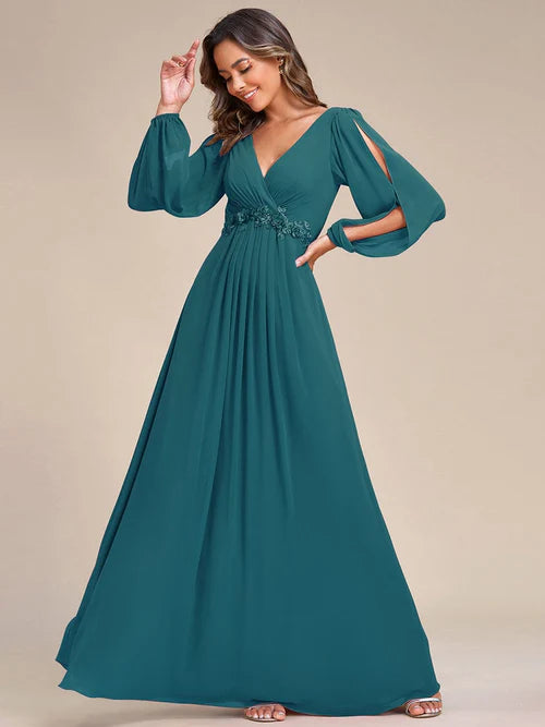 Elegant and Beautiful Chiffon V-neck Long sleeved Formal Cocktail Ball Evening Dress