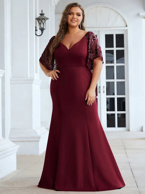 Elegant slim fit plus size sexy V-neck fishtail women's ball banquet wedding mother of the bride evening dress