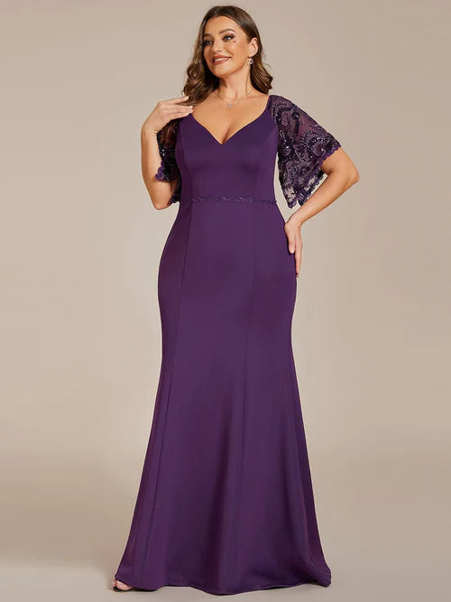 Elegant slim fit plus size sexy V-neck fishtail women's ball banquet wedding mother of the bride evening dress