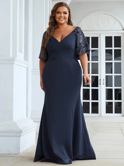 Elegant slim fit plus size sexy V-neck fishtail women's ball banquet wedding mother of the bride evening dress