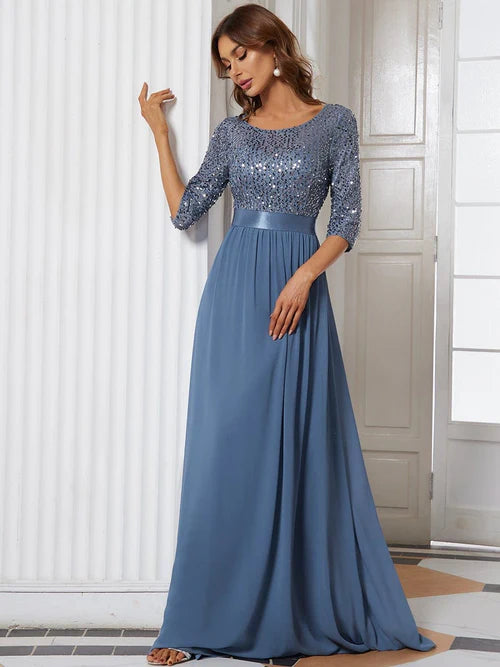 Elegant and sexy round neck long sleeved sequin evening gown