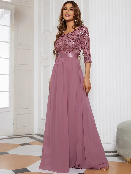 Elegant and sexy round neck long sleeved sequin evening gown