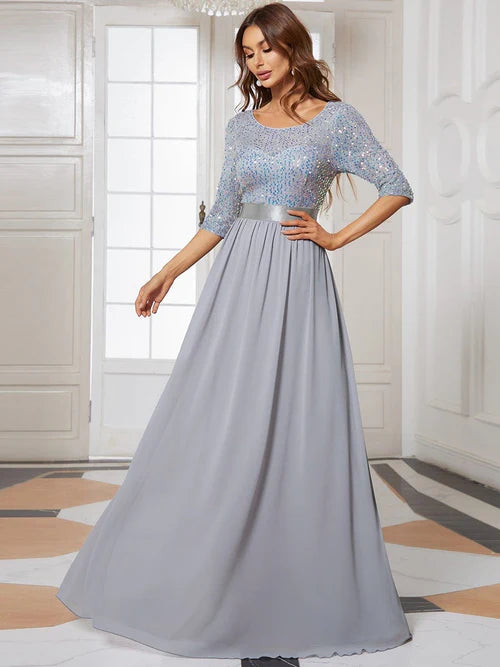 Elegant and sexy round neck long sleeved sequin evening gown