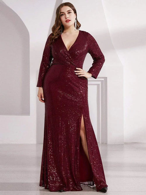 Plus size slim fit sexy deep V-neck sequin tight fitting formal evening dress