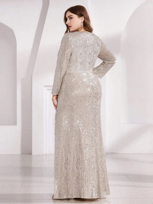 Plus size slim fit sexy deep V-neck sequin tight fitting formal evening dress