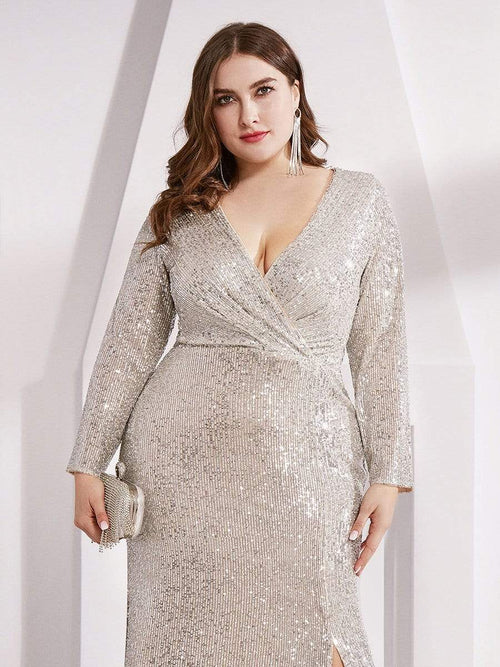 Plus size slim fit sexy deep V-neck sequin tight fitting formal evening dress