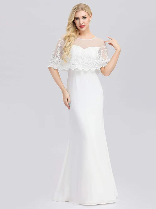 Sweet and sexy ruffle edge sleeve collar wedding dress