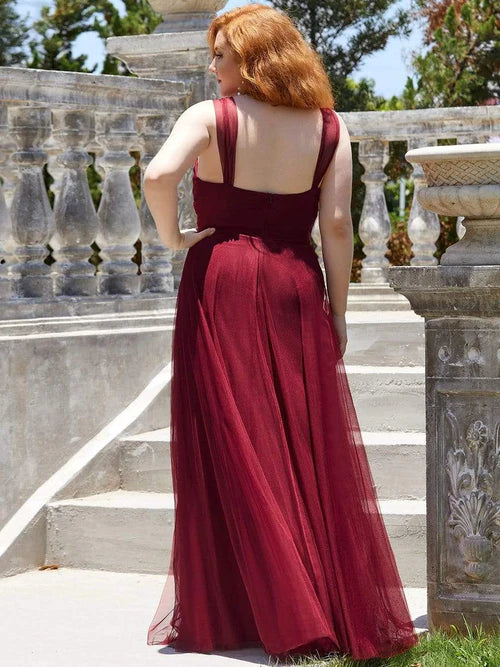 Plus size elegant and sexy double V-neck Maxi sheer bridesmaid dress