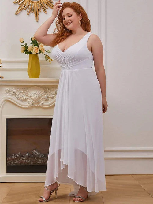 Elegant and sexy slim fit plus size chiffon formal V-neck high-low cocktail dress
