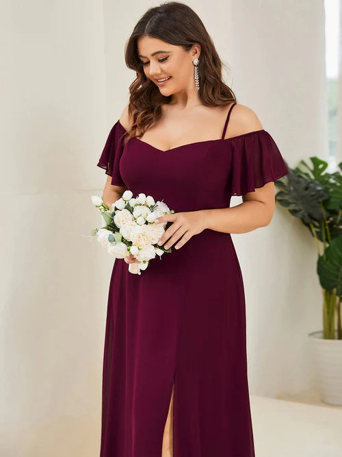 Plus size elegant cold shoulder side slit formal bridesmaid dress