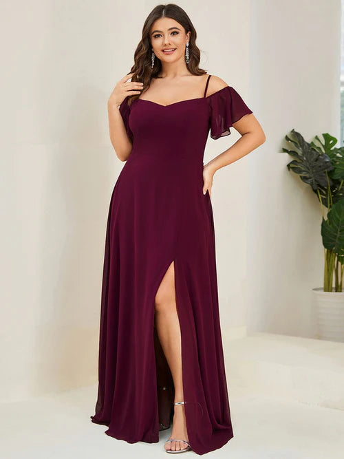 Plus size elegant cold shoulder side slit formal bridesmaid dress