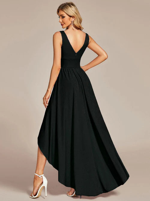 Elegant and sexy high and low sleeved imperial waist bridesmaid dress