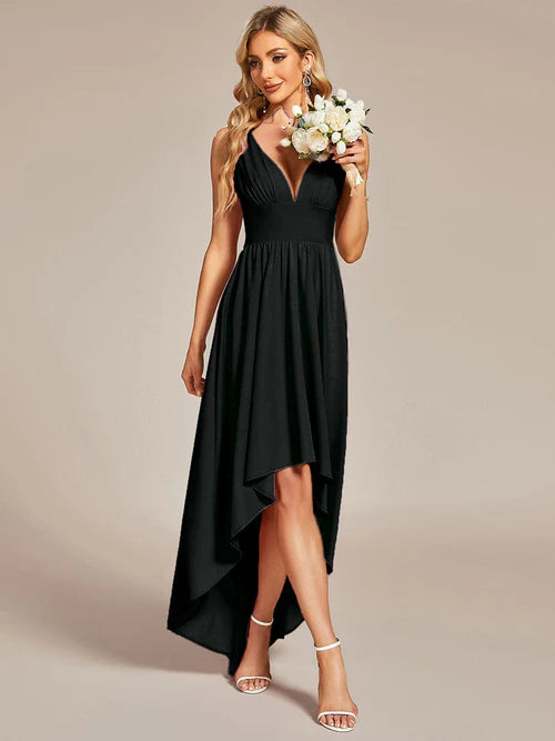 Elegant and sexy high and low sleeved imperial waist bridesmaid dress