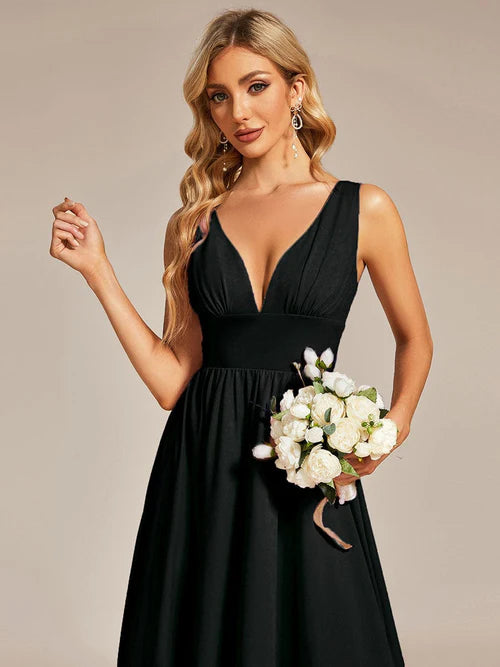 Elegant and sexy high and low sleeved imperial waist bridesmaid dress