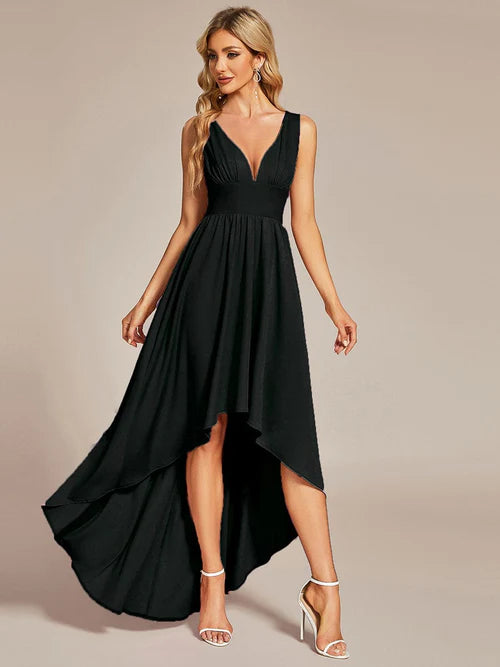 Elegant and sexy high and low sleeved imperial waist bridesmaid dress