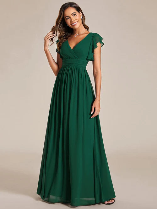 Sexy back hollowed out A-line pleated ruffle sleeve chiffon bridesmaid skirt