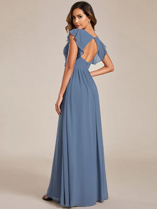 Sexy back hollowed out A-line pleated ruffle sleeve chiffon bridesmaid skirt