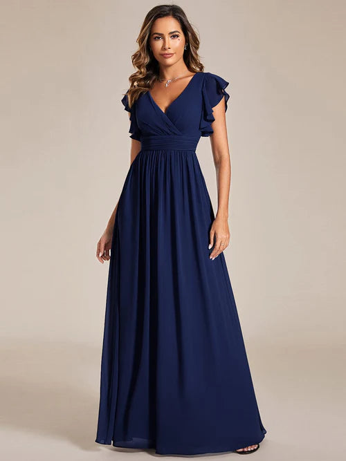 Sexy back hollowed out A-line pleated ruffle sleeve chiffon bridesmaid skirt