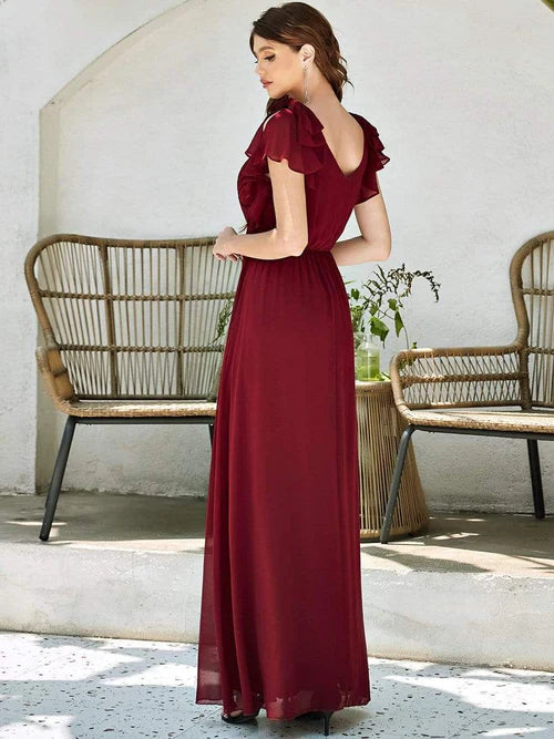 Elegant pleated ruffled sleeves chiffon bridesmaid evening gown