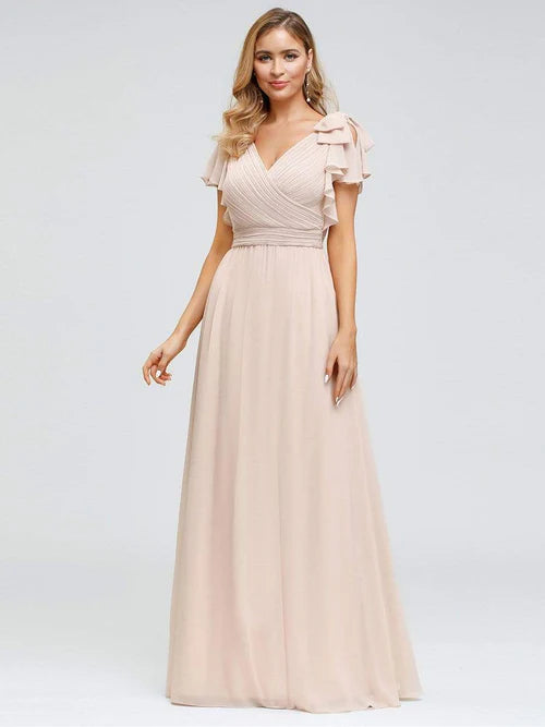 Elegant pleated ruffled sleeves chiffon bridesmaid evening gown