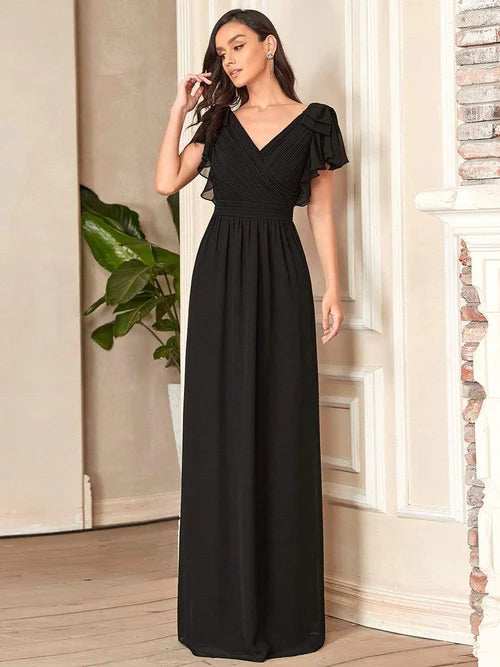 Elegant pleated ruffled sleeves chiffon bridesmaid evening gown