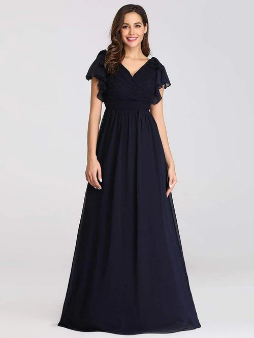 Elegant pleated ruffled sleeves chiffon bridesmaid evening gown