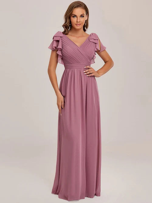 Elegant pleated ruffled sleeves chiffon bridesmaid evening gown