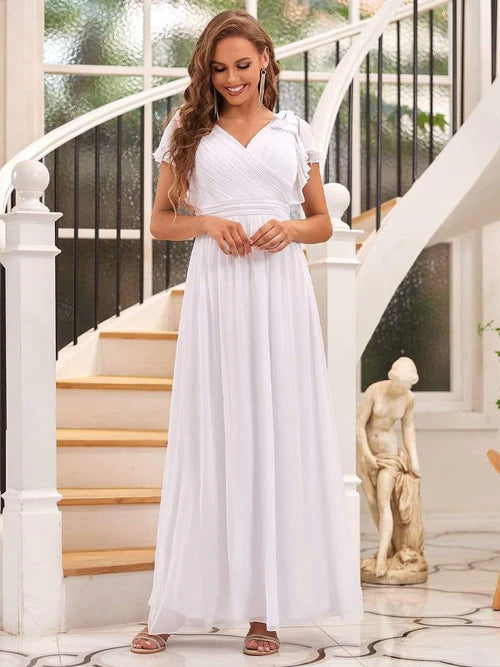 Elegant pleated ruffled sleeves chiffon bridesmaid evening gown