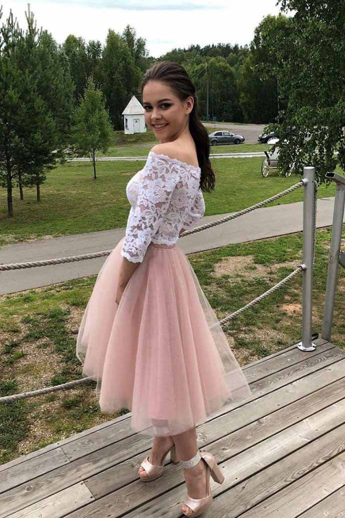 Elegant Lace Up Off Shoulder Short sheer Ball Two Piece Dress