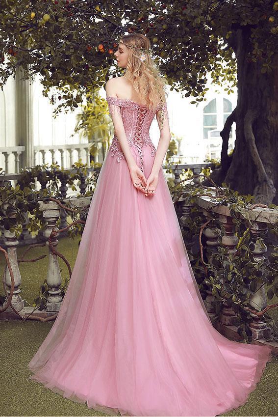 Elegant and Sweet A-line Off Shoulder Lace up Long Pink Lace up Tulle Ball Dress