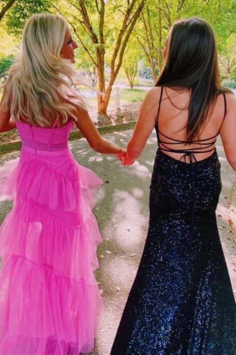 Elegant A-line Pink Italian Strap Layered sheer Long Ball Dress