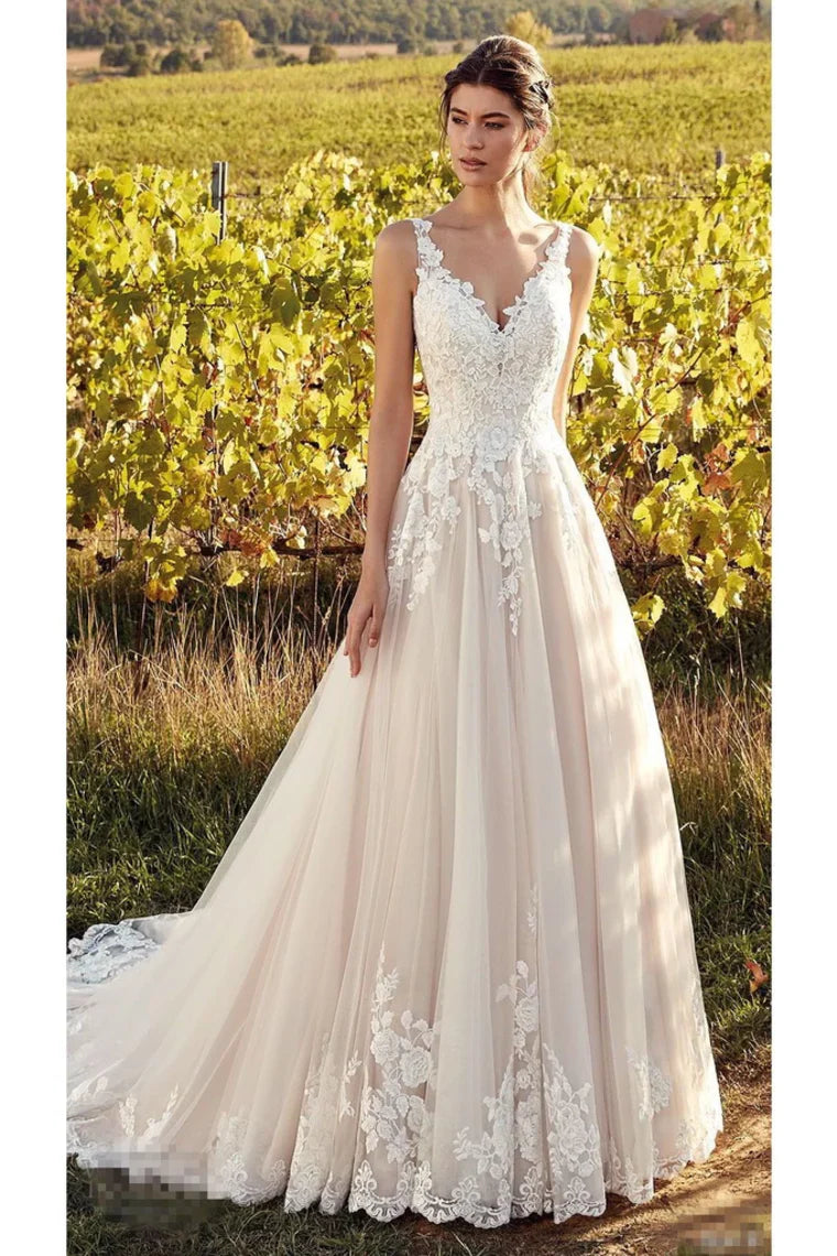 Elegant A-line sleeveless V-neck sheer lace inlaid wedding dress