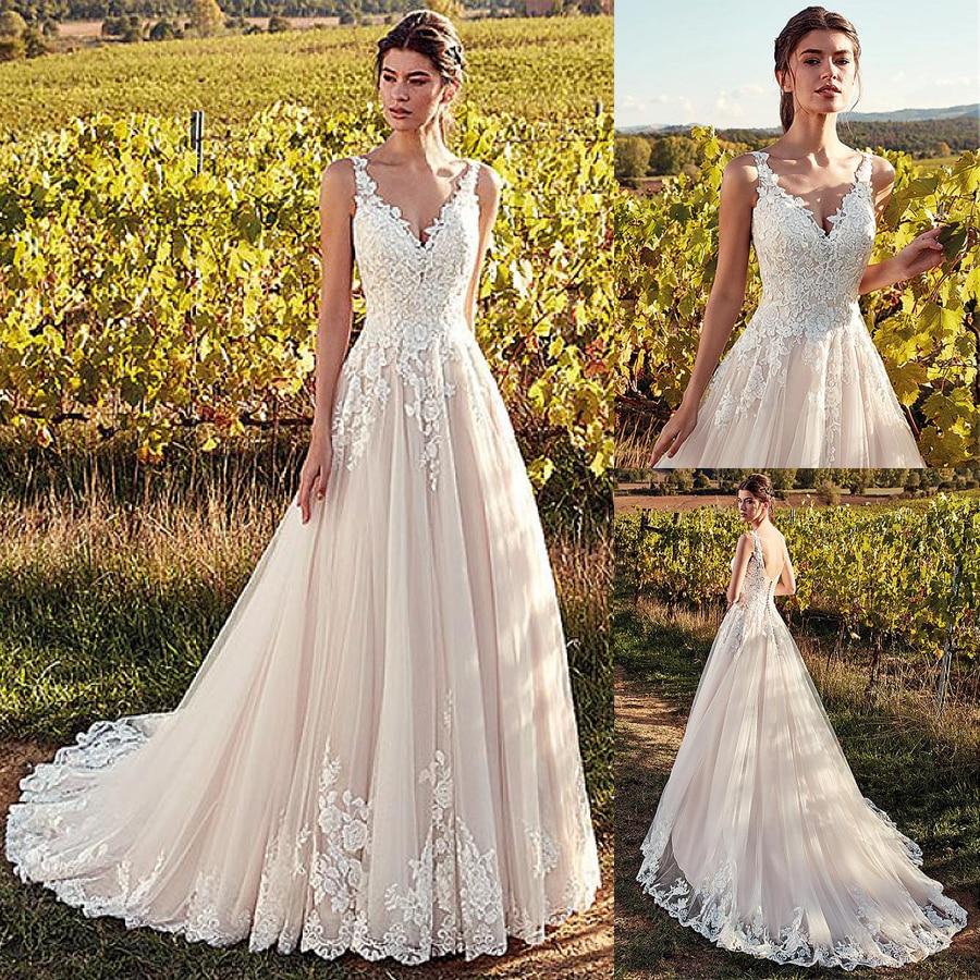 Elegant A-line sleeveless V-neck sheer lace inlaid wedding dress