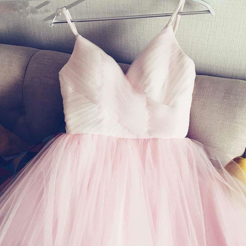 Elegant A-line Italian Noodle Strap V-neck Pink Backless Long Ball Dress