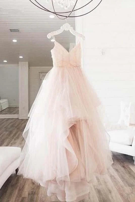 Elegant A-line Italian Noodle Strap V-neck Pink Backless Long Ball Dress