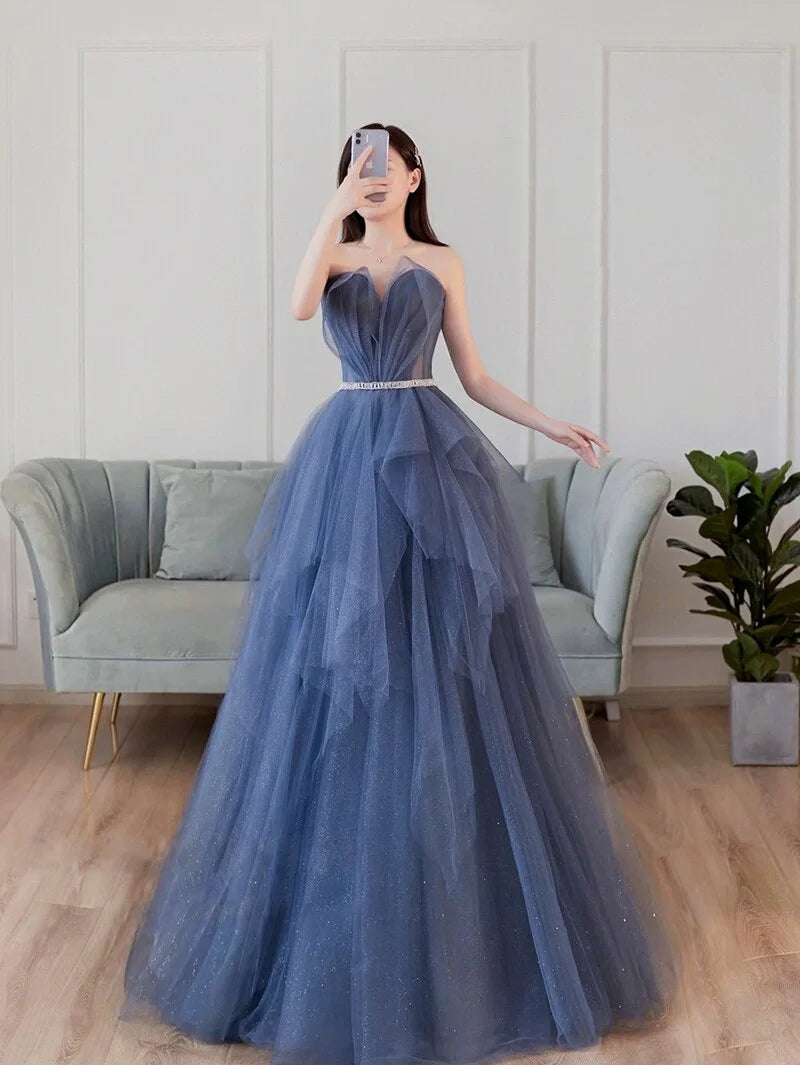 Elegant and noble A-line strapless sweet sheer dance dress