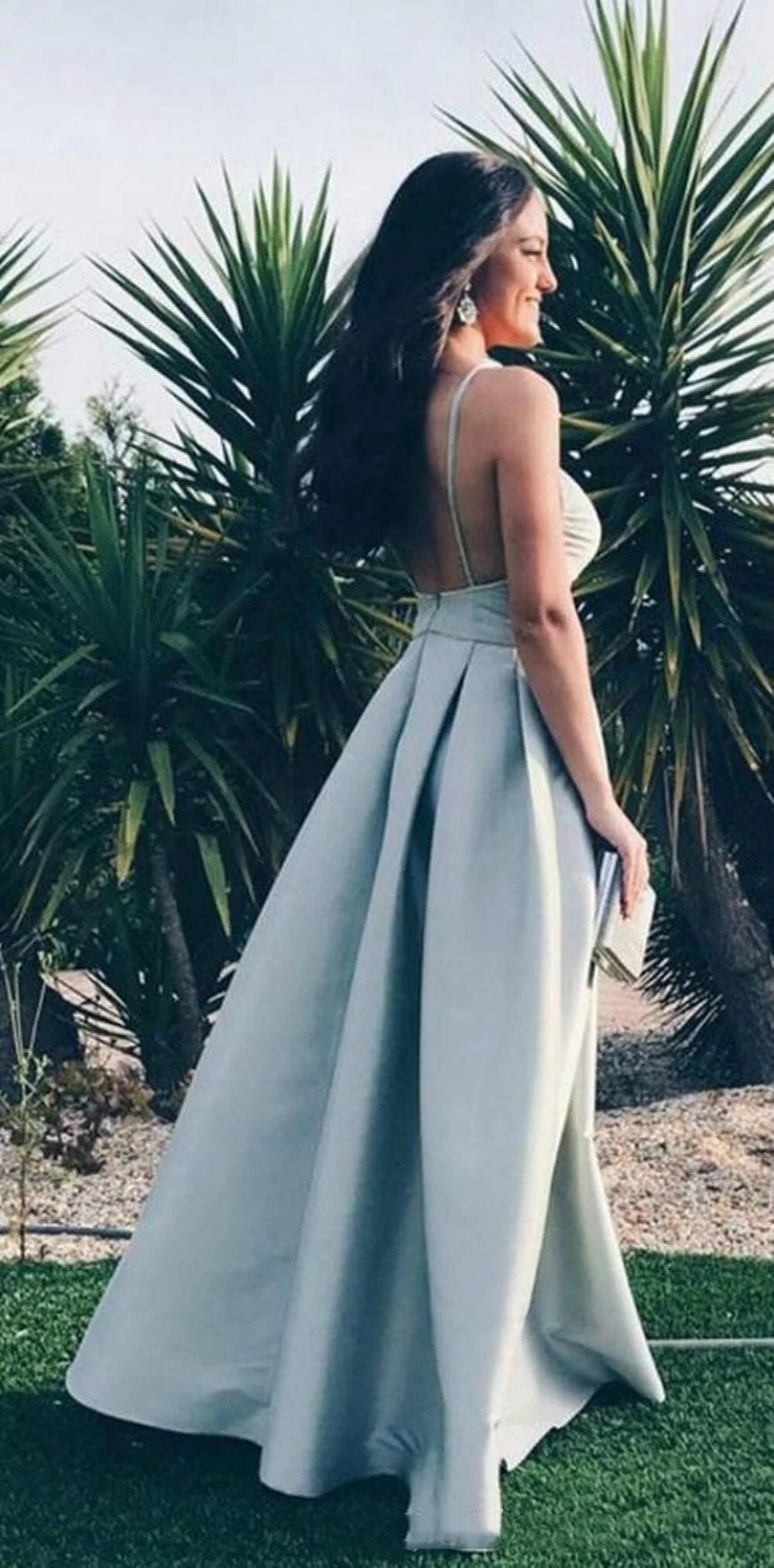 Elegant A-line shoulder strap backless sleeveless satin V-neck blue long evening ball cocktail dress