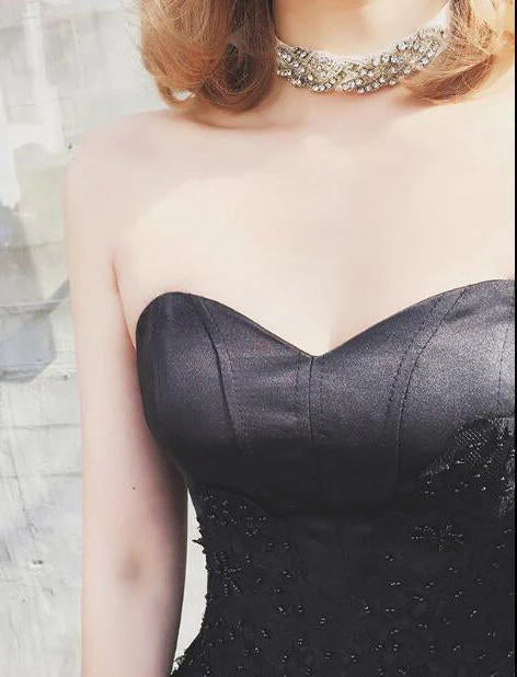 Elegant black A-line sweetheart strapless tulle lace dance dress