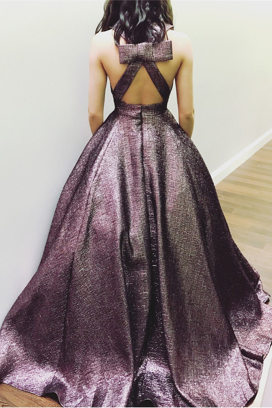 Elegant deep V-neck chocolate brown long ball evening dress