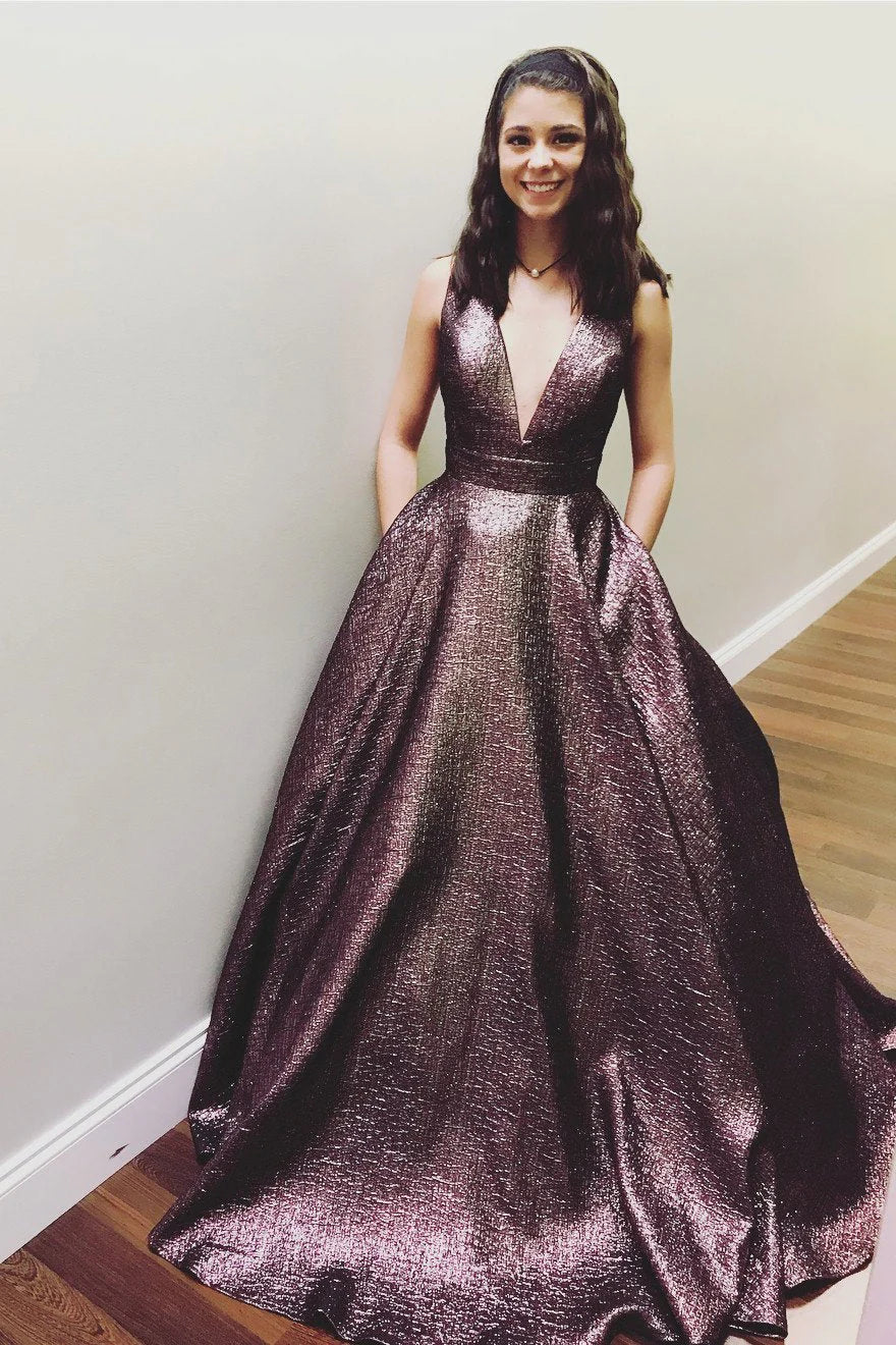 Elegant deep V-neck chocolate brown long ball evening dress