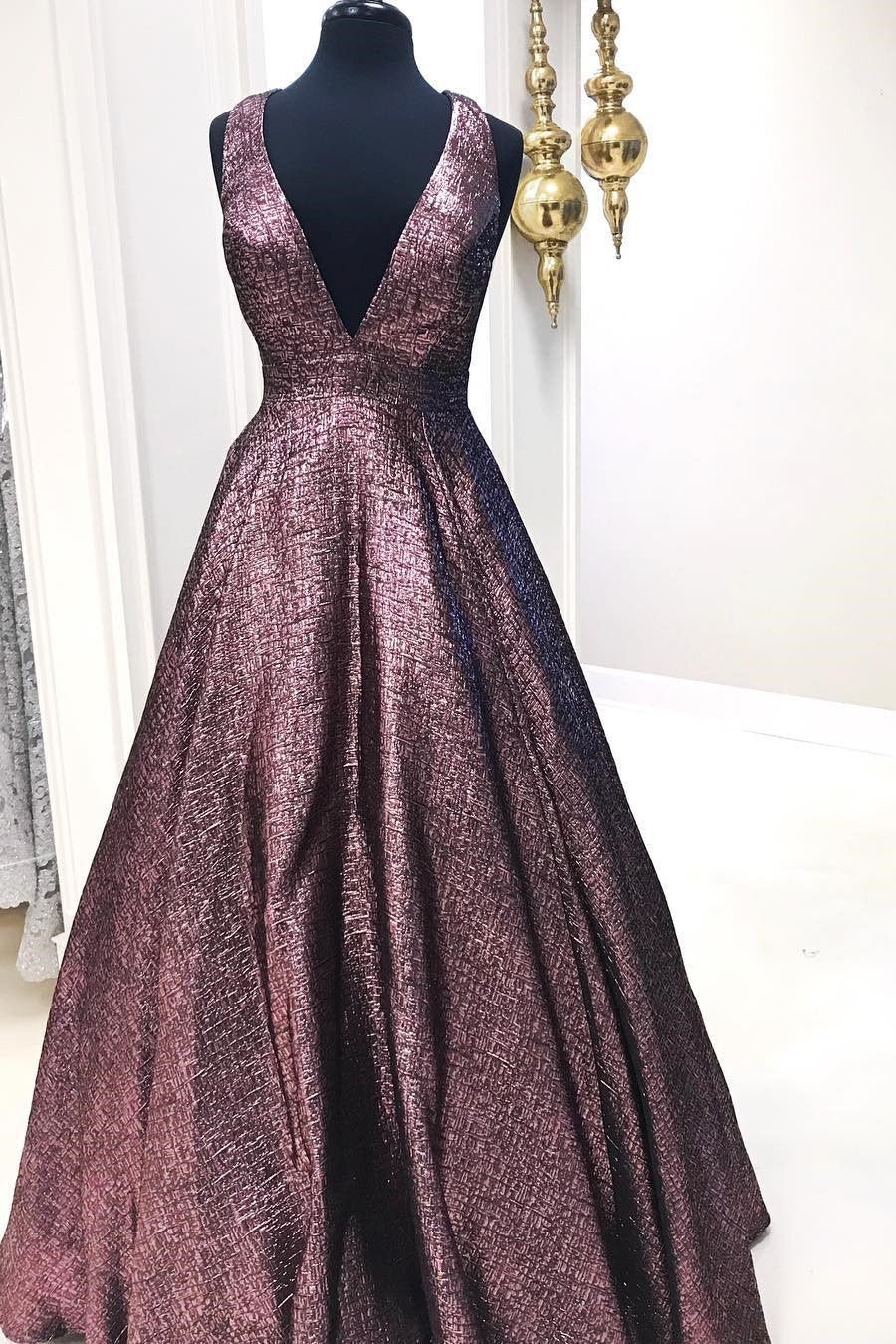 Elegant deep V-neck chocolate brown long ball evening dress
