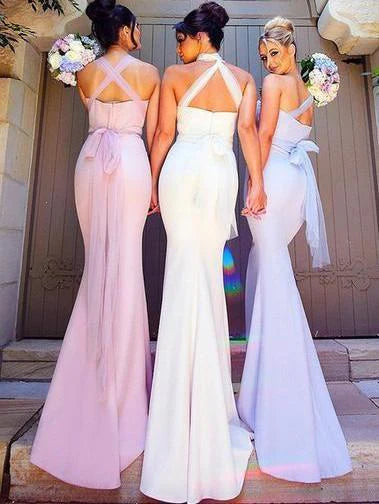 Elegant fishtail long convertible bridesmaid dress with long belt