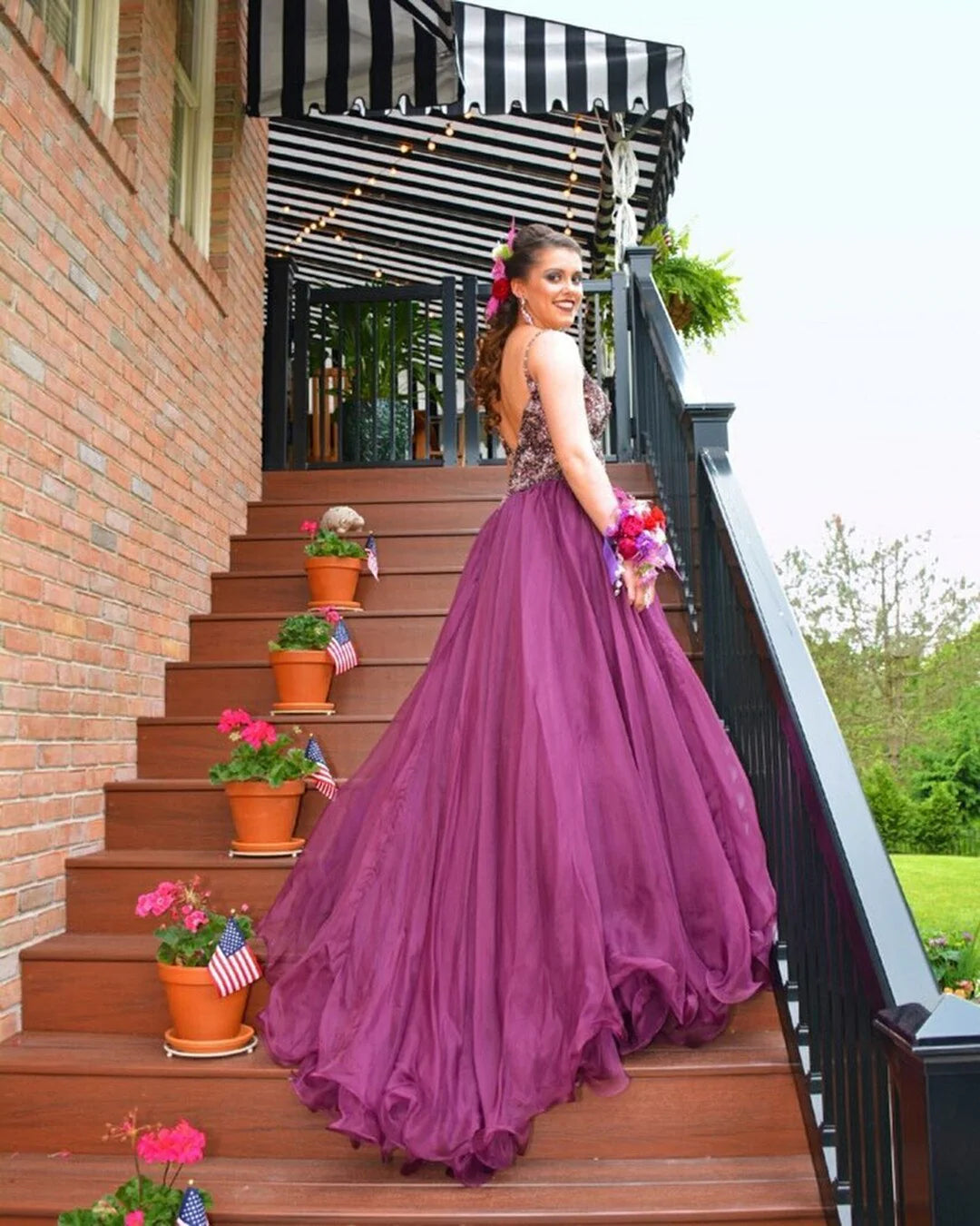 Elegant and luxurious purple A-line spaghetti strap V-neck sheer ball dress