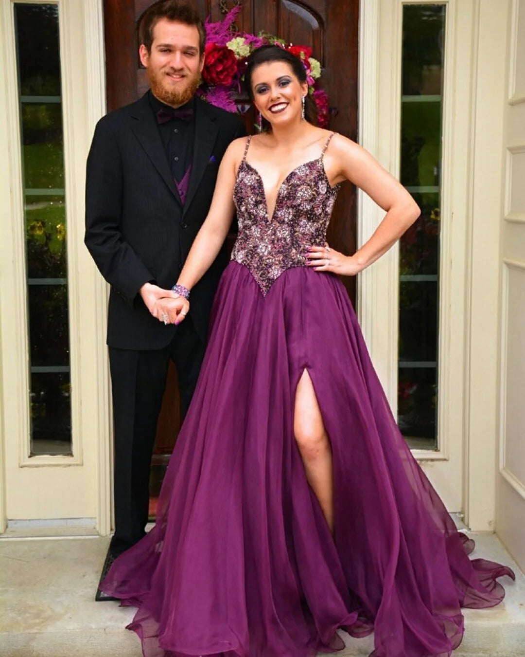 Elegant and luxurious purple A-line spaghetti strap V-neck sheer ball dress